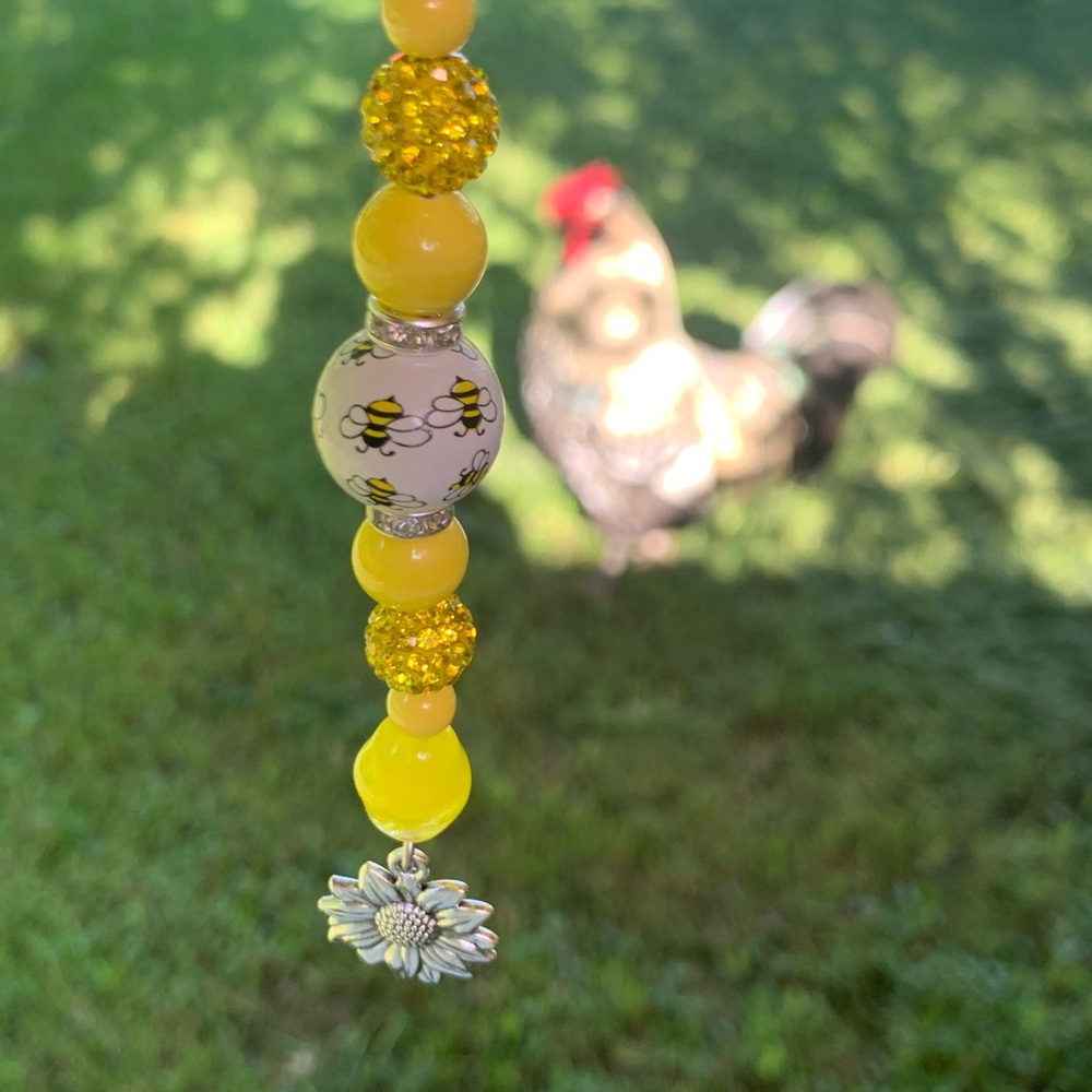 Yellow Beaded Wood Bumblebee Silver Sunflower Charm Decor Sparkling Disco Ball